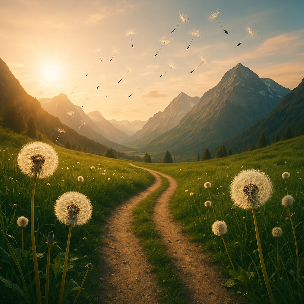 Weg in den Bergen mit Pusteblumen